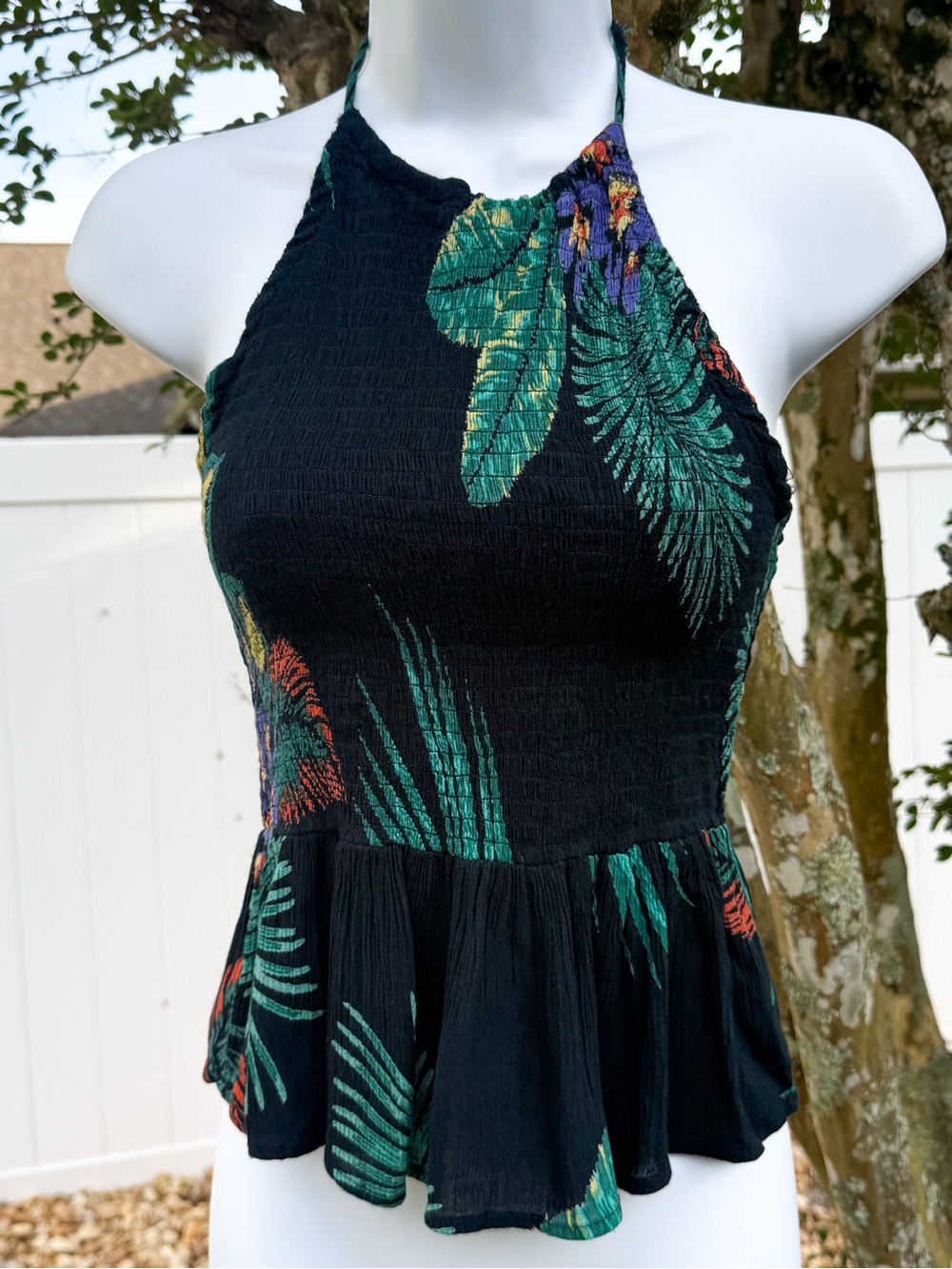 Patrons of Peace Tropical Smocked Halter Peplum Top Women’s Small